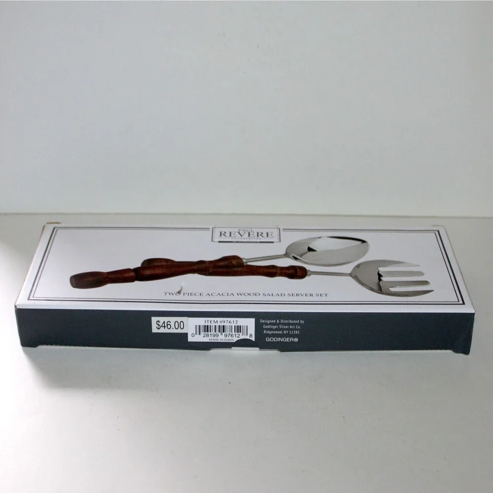 Paul Revere 2 Piece Salad Server Set Godinger Stainless Steel Acacia Wood NEW